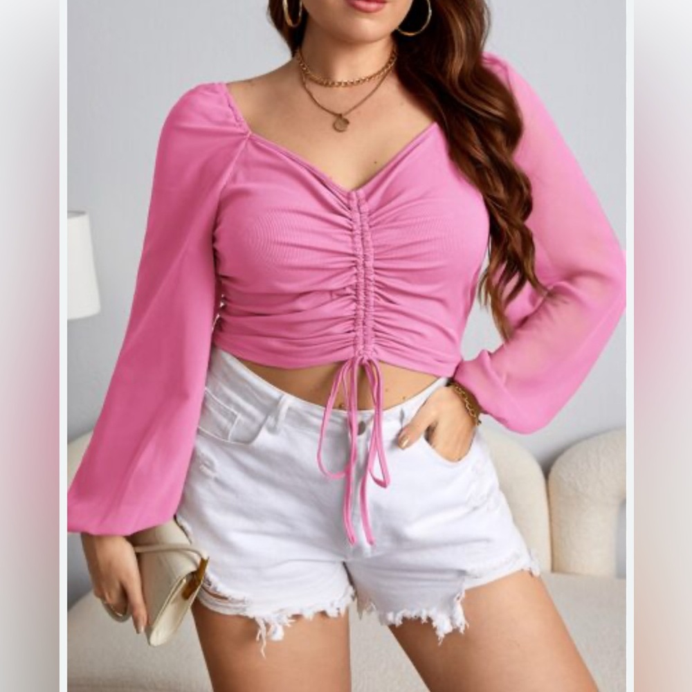 Pink Coquette Milk Maid Size L Lantern Sleeve Drawstring Ruched Top